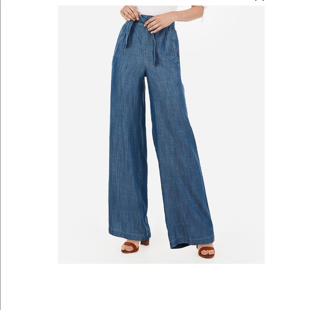 High waisted chambray belted wide leg pants